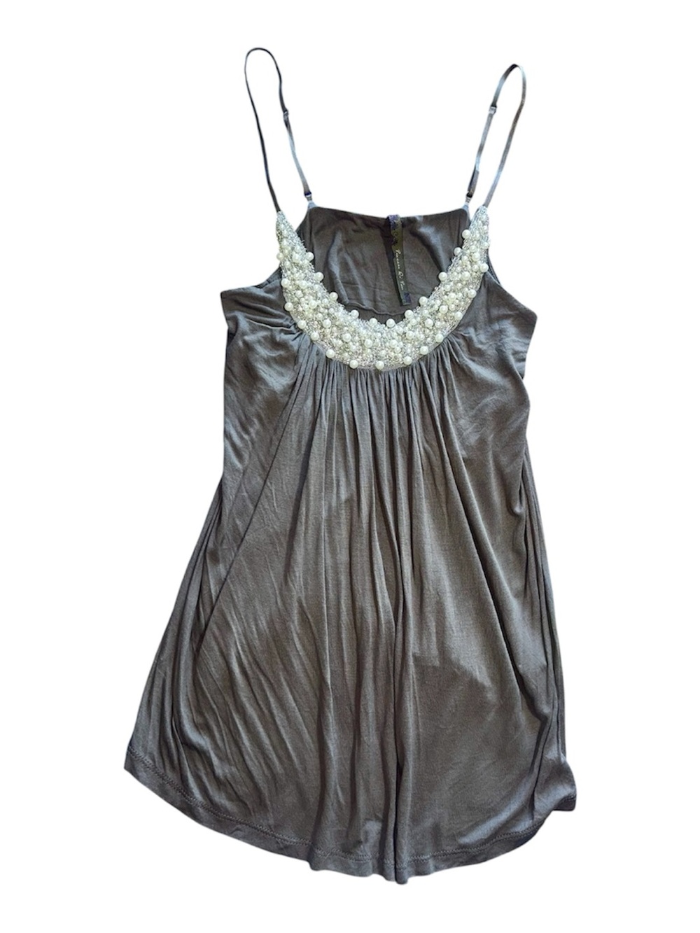 Y2K Fairy Piacere Di Piu Beaded Pearl Tunic Top Brown Scoop Neck Banded Waist